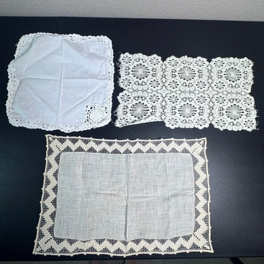 Vintage White Lace Doily Lot 6pc Crochet Linen Tatting Mixed Shapes Farmhouse